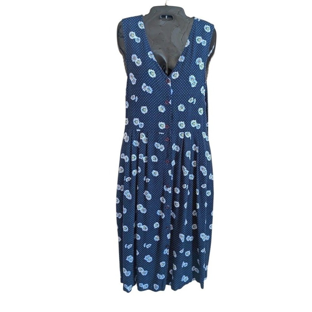 Vintage Midi Dress 10 Daisy Polka Dot Button Front 90s Cottagecore Modest Comfy